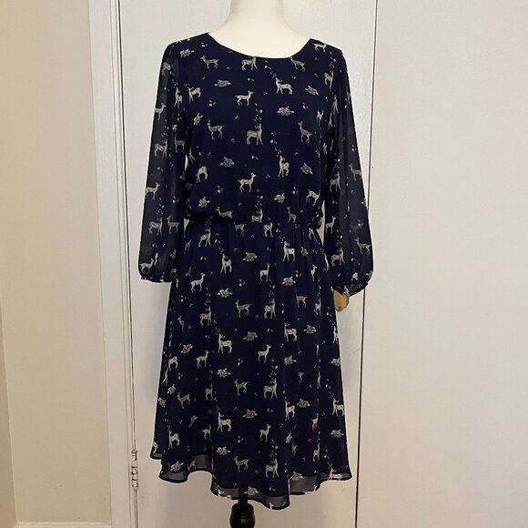 Poem by Oliver Bonas Navy Deer Print Chiffon Dress | Size US 6 / UK 10 - Picture 1 of 7